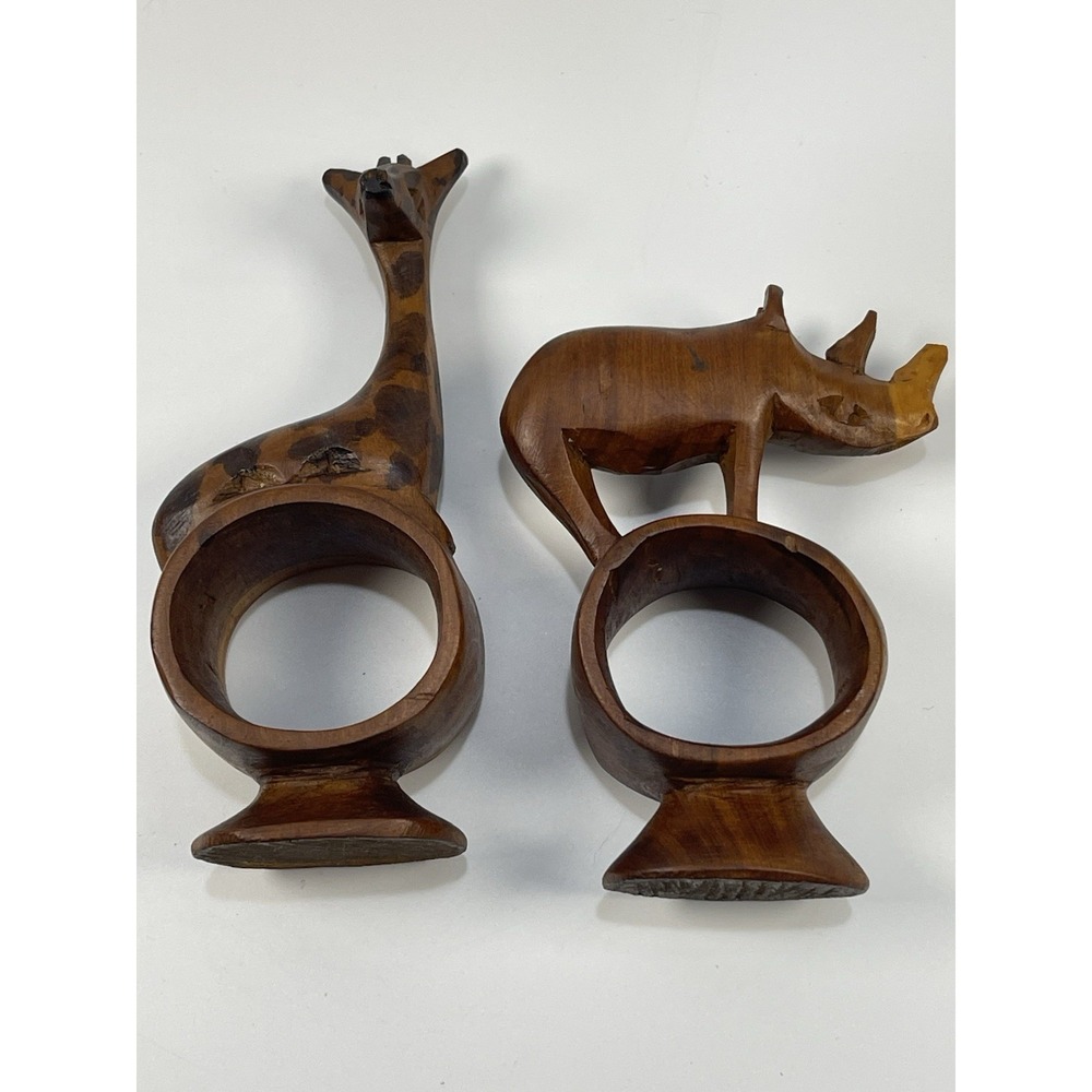 Hand Carved Wooden African Safari Animal Napkin Ring Holders Stands Set Of 2